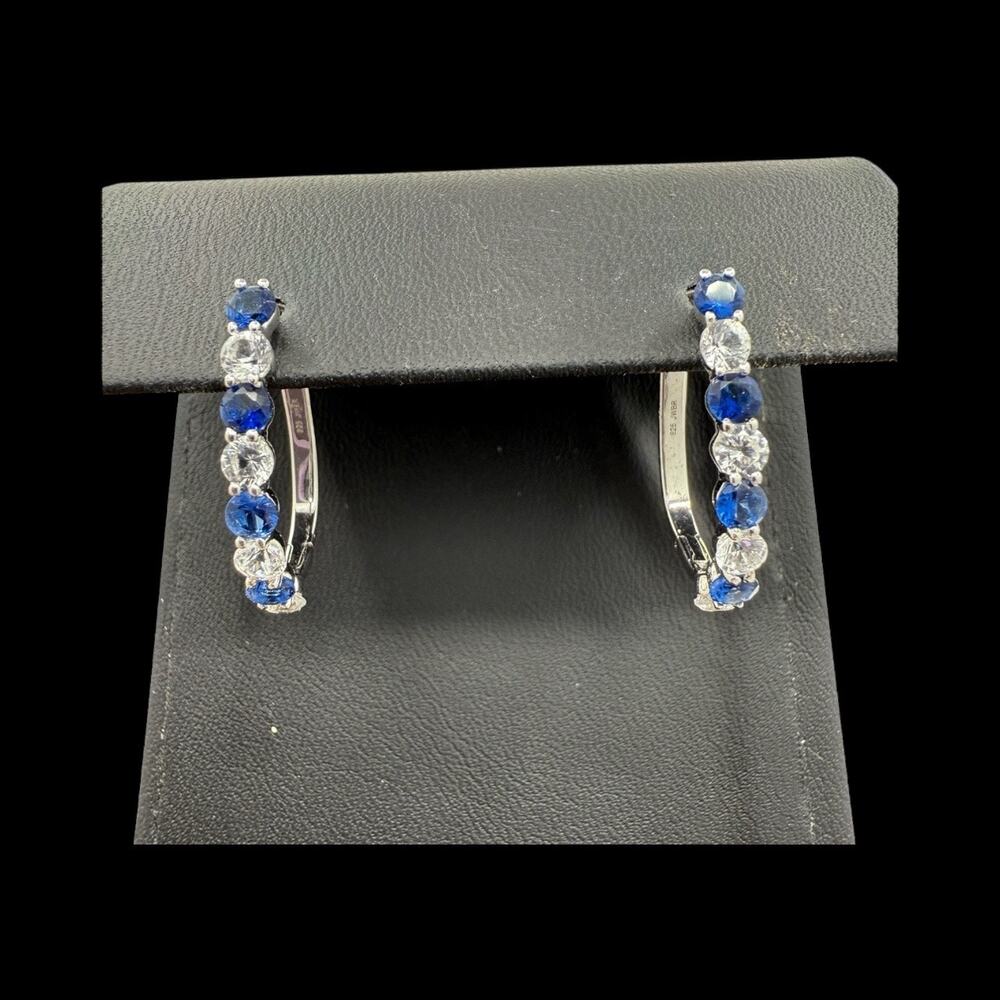Blue Sapphire White Sapphire Leverback Earrings 925 Sterling Silver Hoop Huggie - Picture 3 of 8
